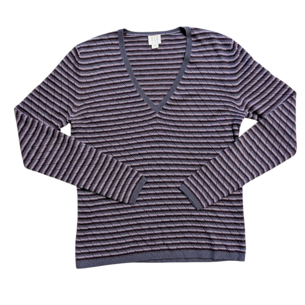 Cashmere TSE Gray Purple Striped V Neck Sweater